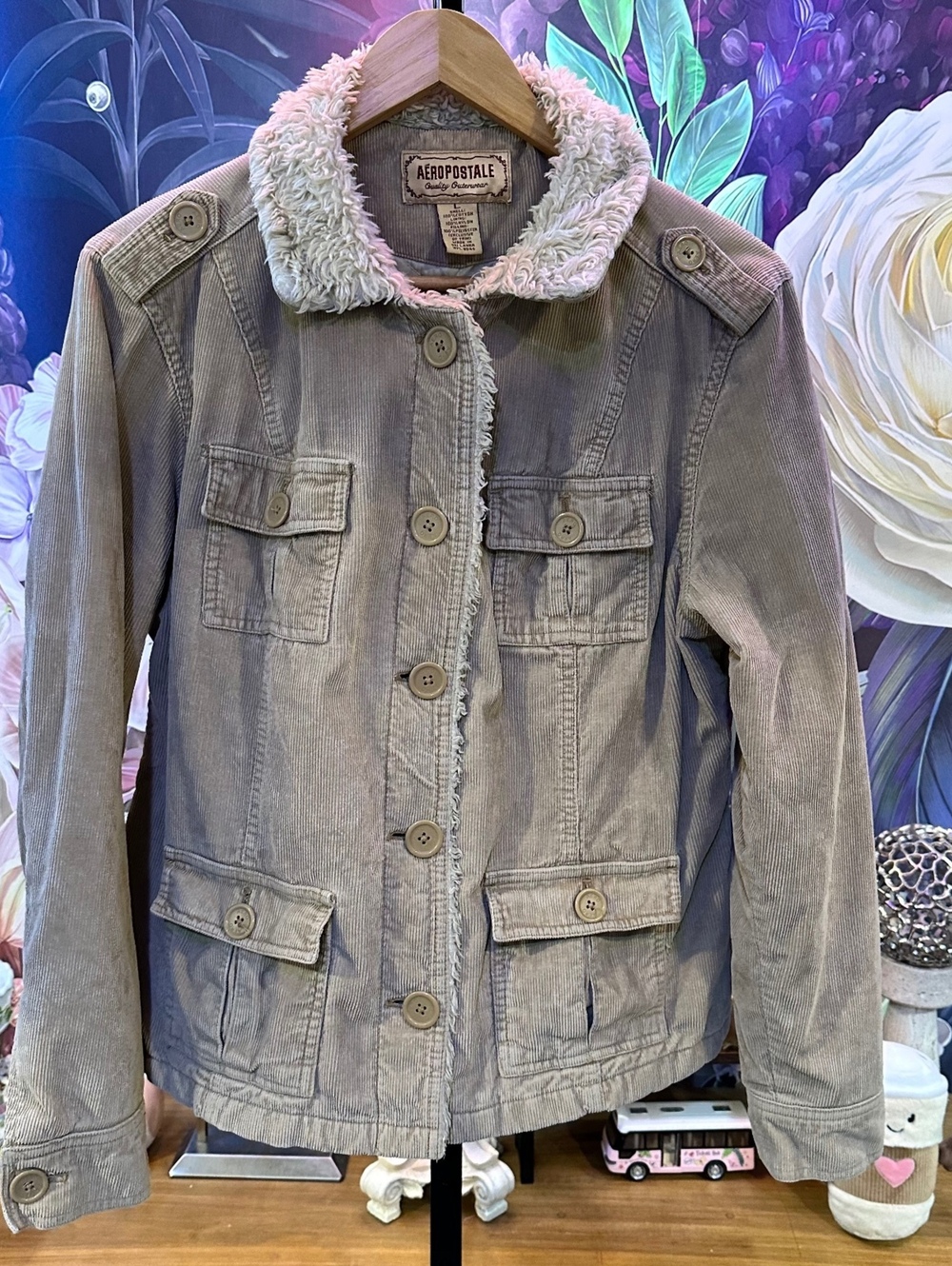 Aeropostale M Corduroy Sherpa Collar Utility Jacket Y2K Cargo Cozy Workwear